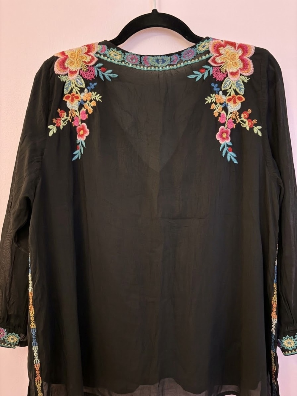 Johnny Was Black Sheer Floral Embroidered V-Neck 3/4 Sleeve Tunic Sz L - Picture 2 of 7